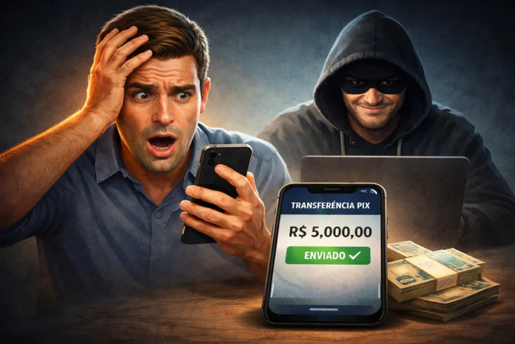 Homem assustado olhando o celular após transferência Pix não autorizada, representando o golpe do Pix e prejuízo financeiro ao consumidor.